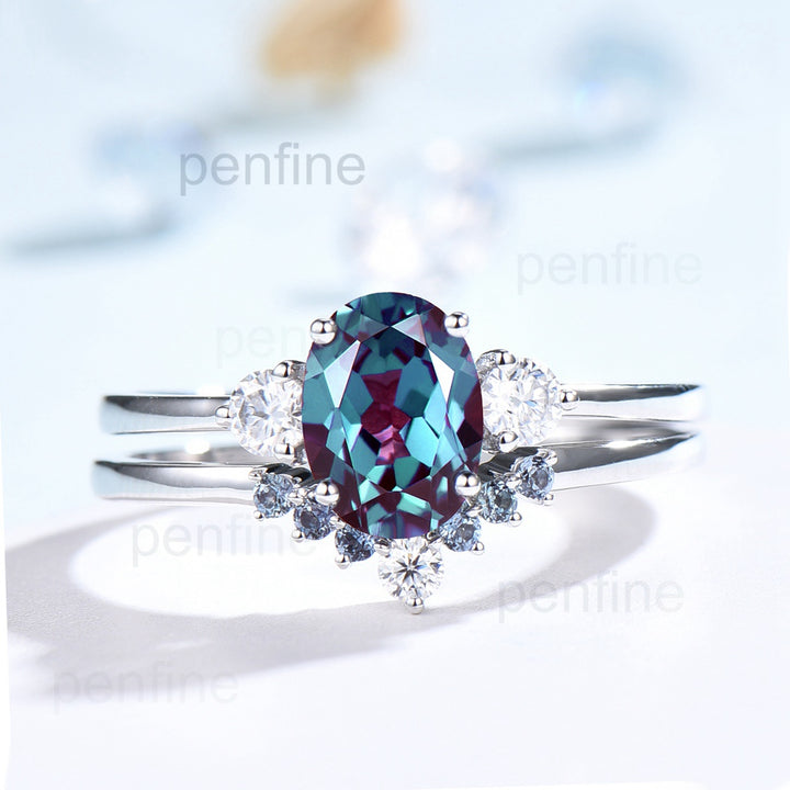 Three Stone Oval Solitaire Aria Alexandrite Engagement Ring Set - PENFINE