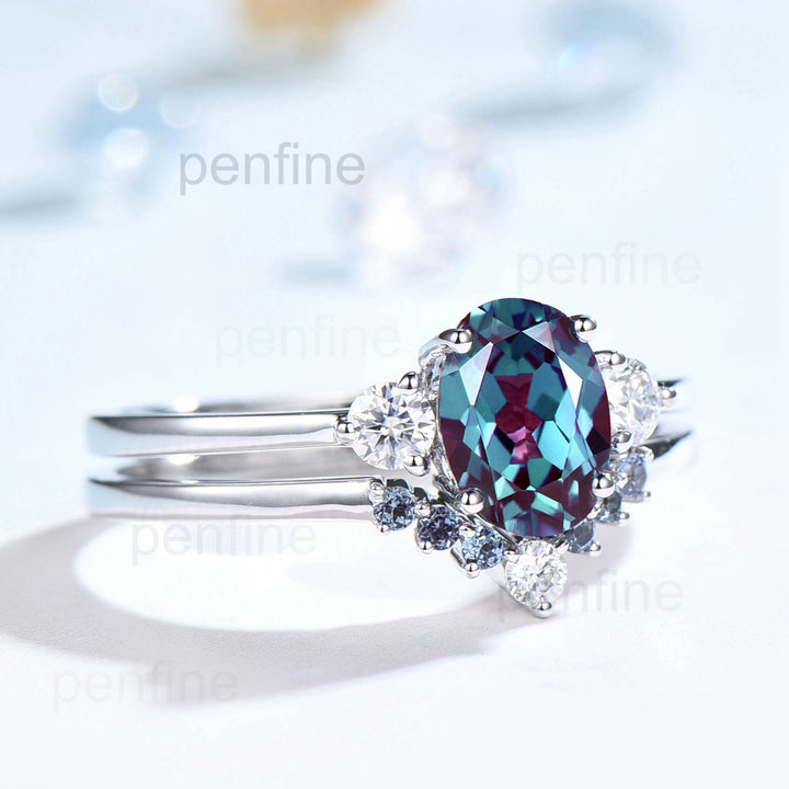 Three Stone Oval Solitaire Aria Alexandrite Engagement Ring Set - PENFINE