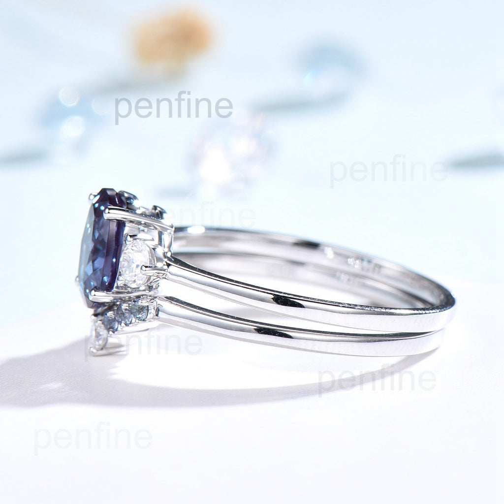 Three Stone Oval Solitaire Aria Alexandrite Engagement Ring Set - PENFINE