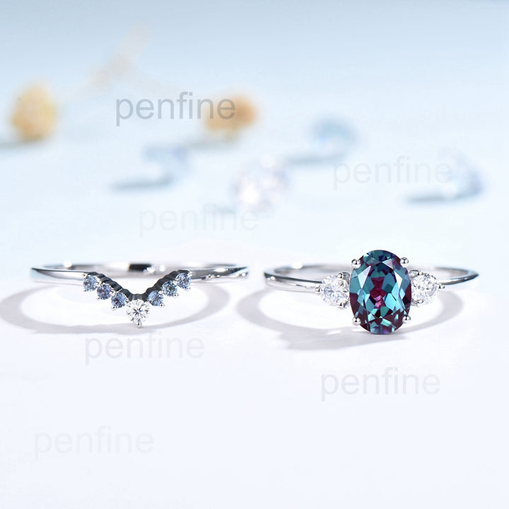 Three Stone Oval Solitaire Aria Alexandrite Engagement Ring Set - PENFINE