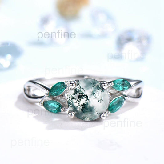Round shaped moss agate engagement ring art deco emerald ring - PENFINE