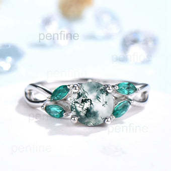 Round shaped moss agate engagement ring art deco emerald ring - PENFINE
