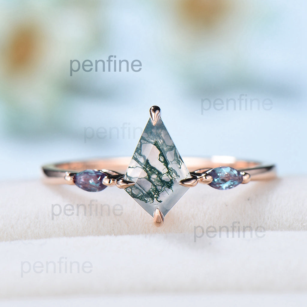 Vintage kite cut green moss agate engagement ring 14k rose gold marquise cut alexandrite ring for women unique bridal wedding ring for her - PENFINE