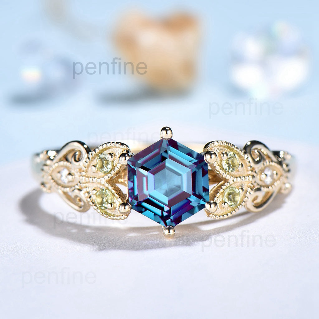 Vintage Peridot Alexandrite gold ring for women unique six prongs Hexagon Alexandrite engagement ring art deco milgrain bridal ring gifts - PENFINE