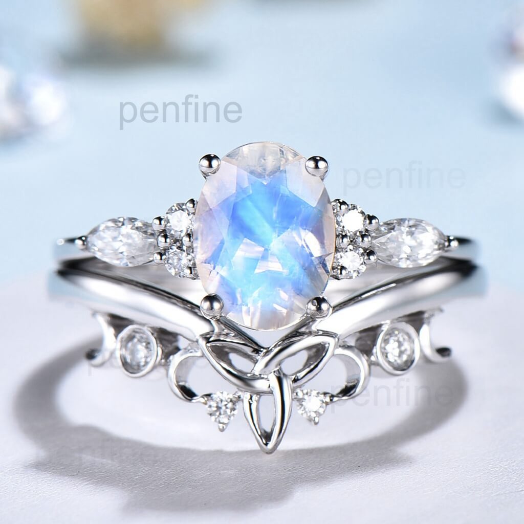 Norse Viking Rainbow Blue Oval Moonstone Wedding Set - PENFINE