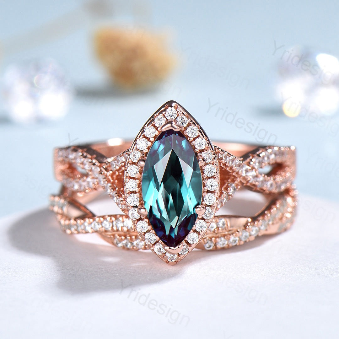 2pcs Marquise cut alexandrite ring set | infinity classic engagement ring set rose gold | Unique twisted wedding bridal anniversary gift - PENFINE
