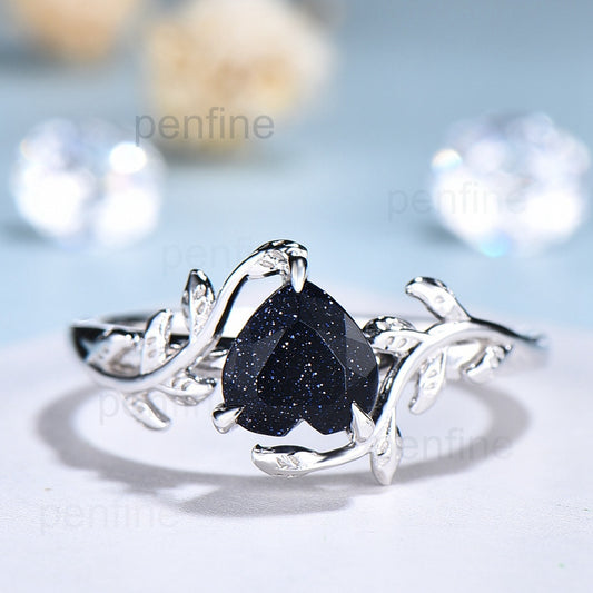 Heart Shape Blue Sandstone Engagement Ring Leaf Gemstone Ring Blue Sandstone Solitaire Promise Ring Anniversary Gift For Her - PENFINE