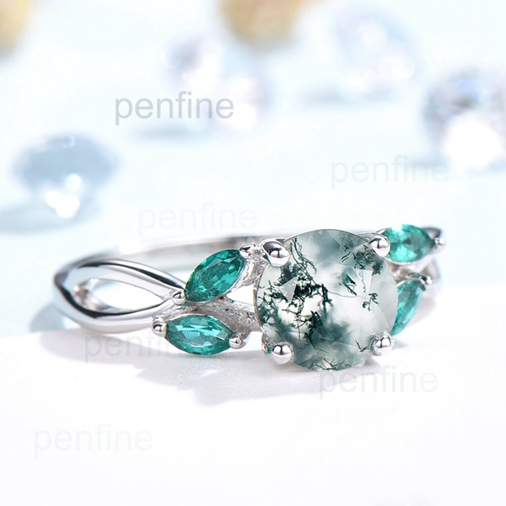 Round shaped moss agate engagement ring art deco emerald ring - PENFINE