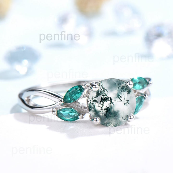 Round shaped moss agate engagement ring art deco emerald ring - PENFINE