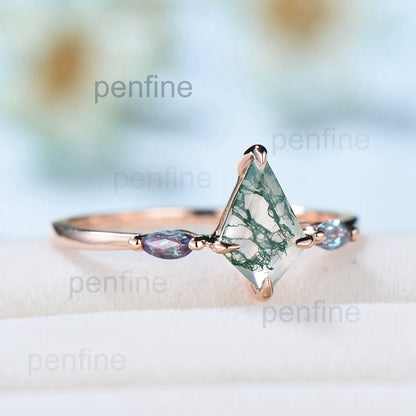 Vintage kite cut green moss agate engagement ring 14k rose gold marquise cut alexandrite ring for women unique bridal wedding ring for her - PENFINE