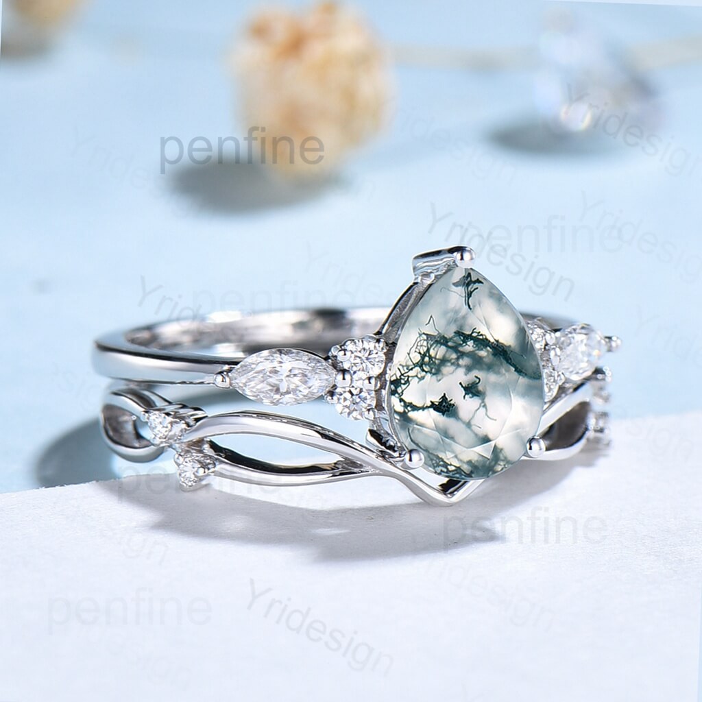 white gold moss agate ring