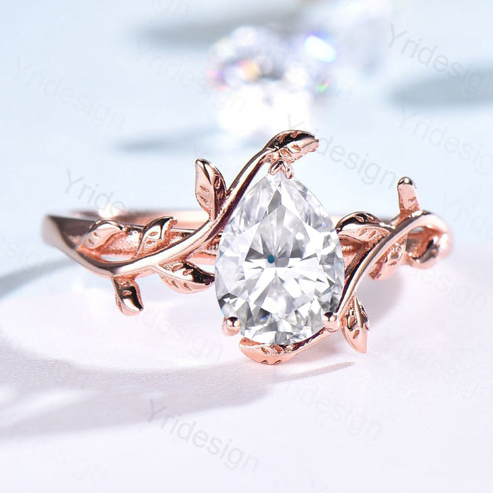 Twig Pear Moissanite Engagement Ring Leaf Vine Style - PENFINE