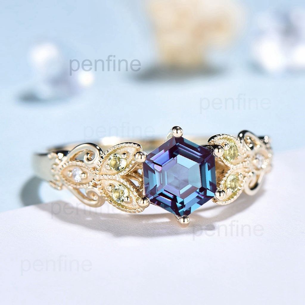 Vintage Peridot Alexandrite gold ring for women unique six prongs Hexagon Alexandrite engagement ring art deco milgrain bridal ring gifts - PENFINE