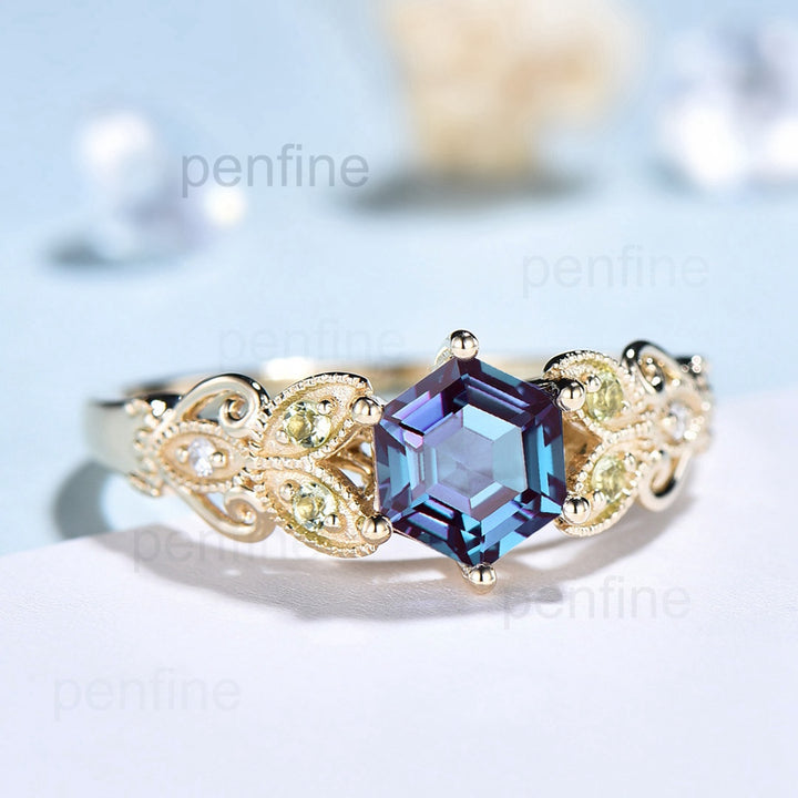 Vintage Peridot Alexandrite gold ring for women unique six prongs Hexagon Alexandrite engagement ring art deco milgrain bridal ring gifts - PENFINE