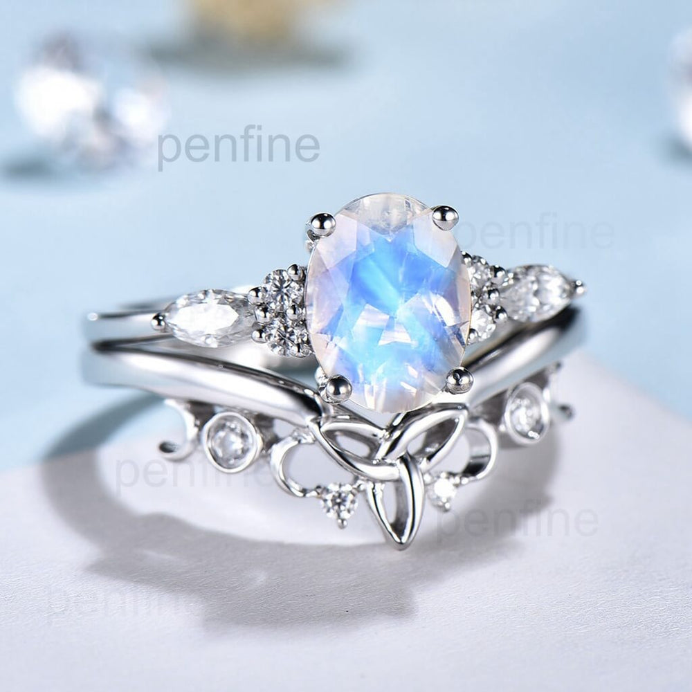 Norse Viking Rainbow Blue Oval Moonstone Wedding Set - PENFINE