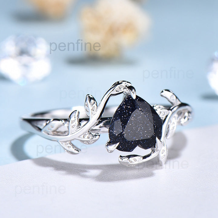 Heart Shape Blue Sandstone Engagement Ring Leaf Gemstone Ring Blue Sandstone Solitaire Promise Ring Anniversary Gift For Her - PENFINE