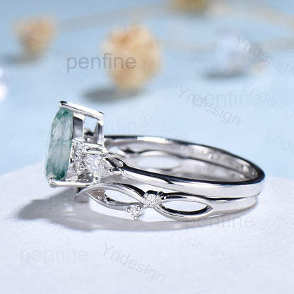 Pear shaped nedia moss agate engagement ring set white gold - PENFINE