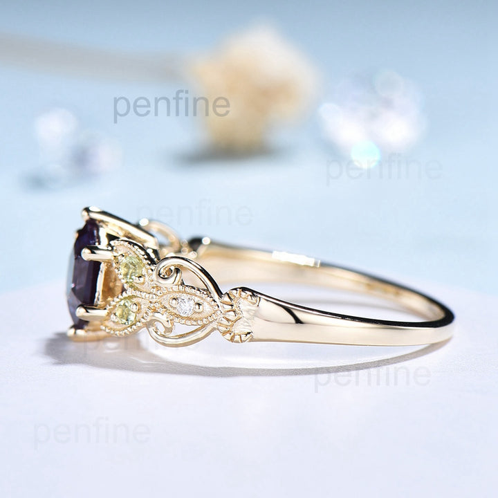 Vintage Peridot Alexandrite gold ring for women unique six prongs Hexagon Alexandrite engagement ring art deco milgrain bridal ring gifts - PENFINE