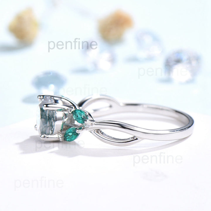 Round shaped moss agate engagement ring art deco emerald ring - PENFINE