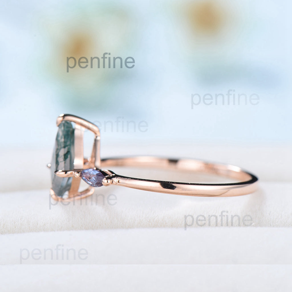 Vintage kite cut green moss agate engagement ring 14k rose gold marquise cut alexandrite ring for women unique bridal wedding ring for her - PENFINE