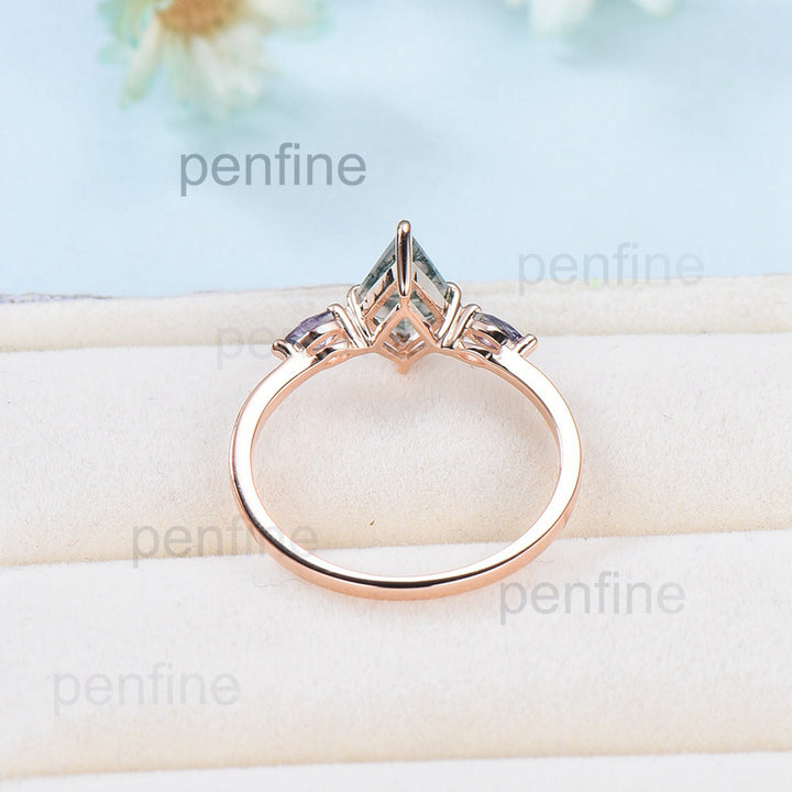 Vintage kite cut green moss agate engagement ring 14k rose gold marquise cut alexandrite ring for women unique bridal wedding ring for her - PENFINE