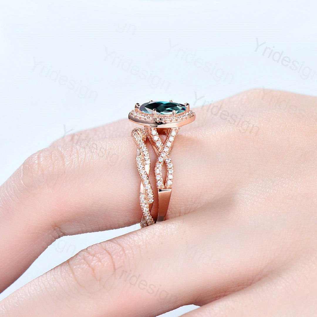 2pcs Marquise cut alexandrite ring set | infinity classic engagement ring set rose gold | Unique twisted wedding bridal anniversary gift - PENFINE
