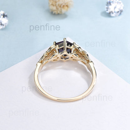 Vintage Peridot Alexandrite gold ring for women unique six prongs Hexagon Alexandrite engagement ring art deco milgrain bridal ring gifts - PENFINE