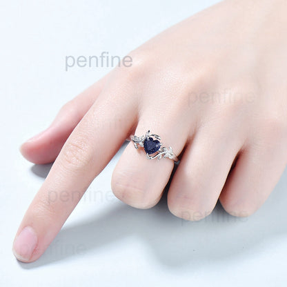 Heart Shape Blue Sandstone Engagement Ring Leaf Gemstone Ring Blue Sandstone Solitaire Promise Ring Anniversary Gift For Her - PENFINE