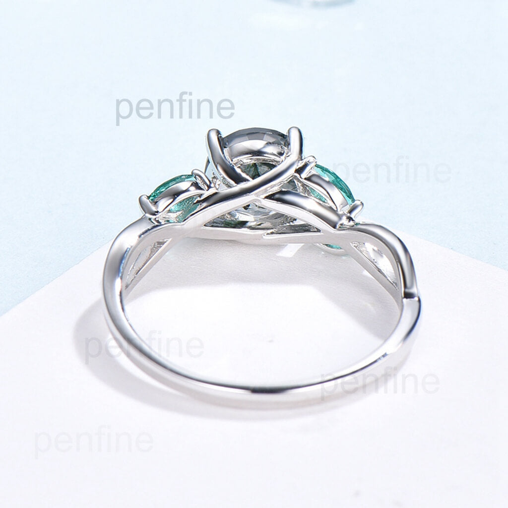 Round shaped moss agate engagement ring art deco emerald ring - PENFINE