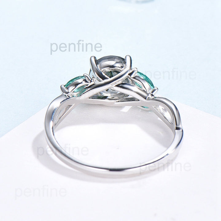 Round shaped moss agate engagement ring art deco emerald ring - PENFINE