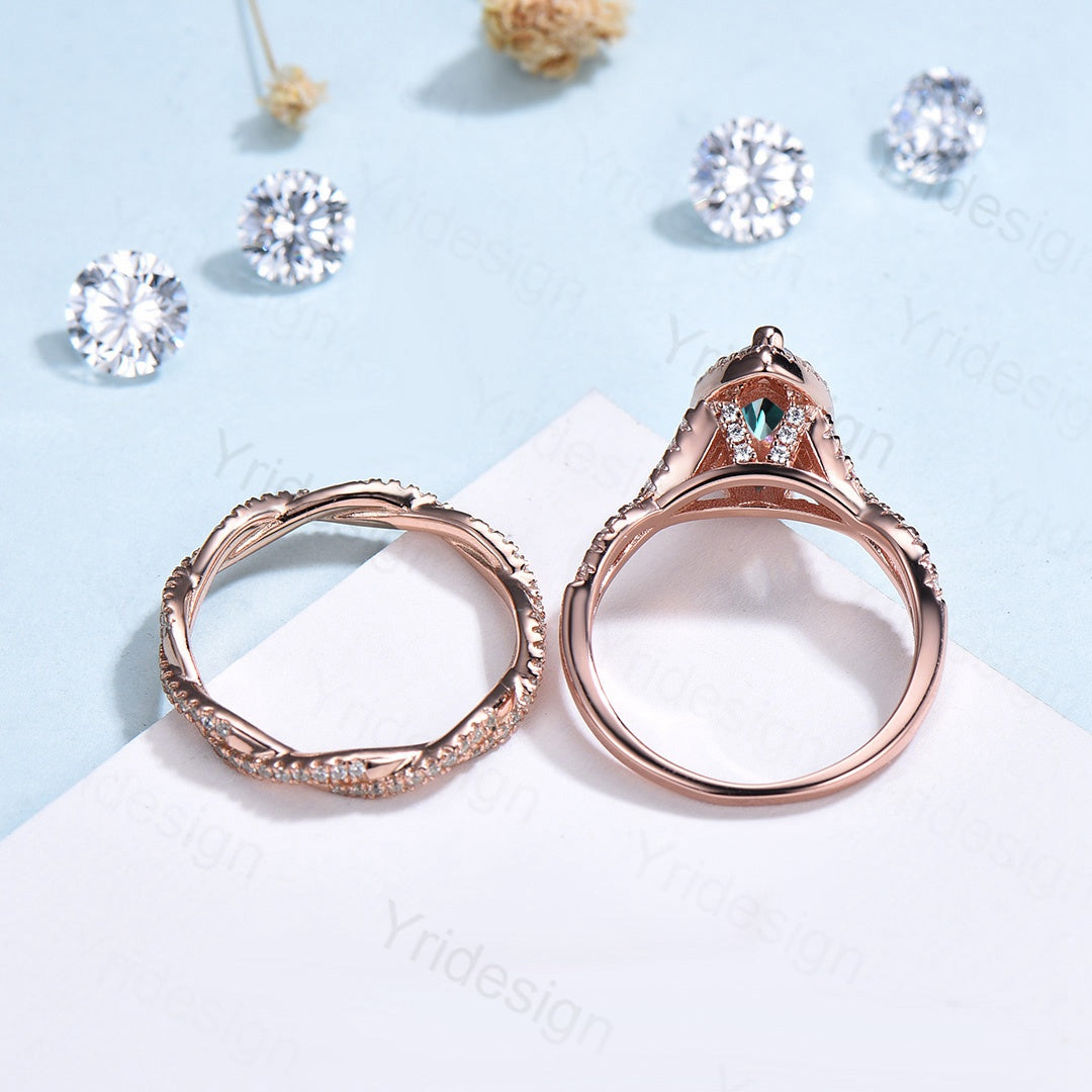 2pcs Marquise cut alexandrite ring set | infinity classic engagement ring set rose gold | Unique twisted wedding bridal anniversary gift - PENFINE