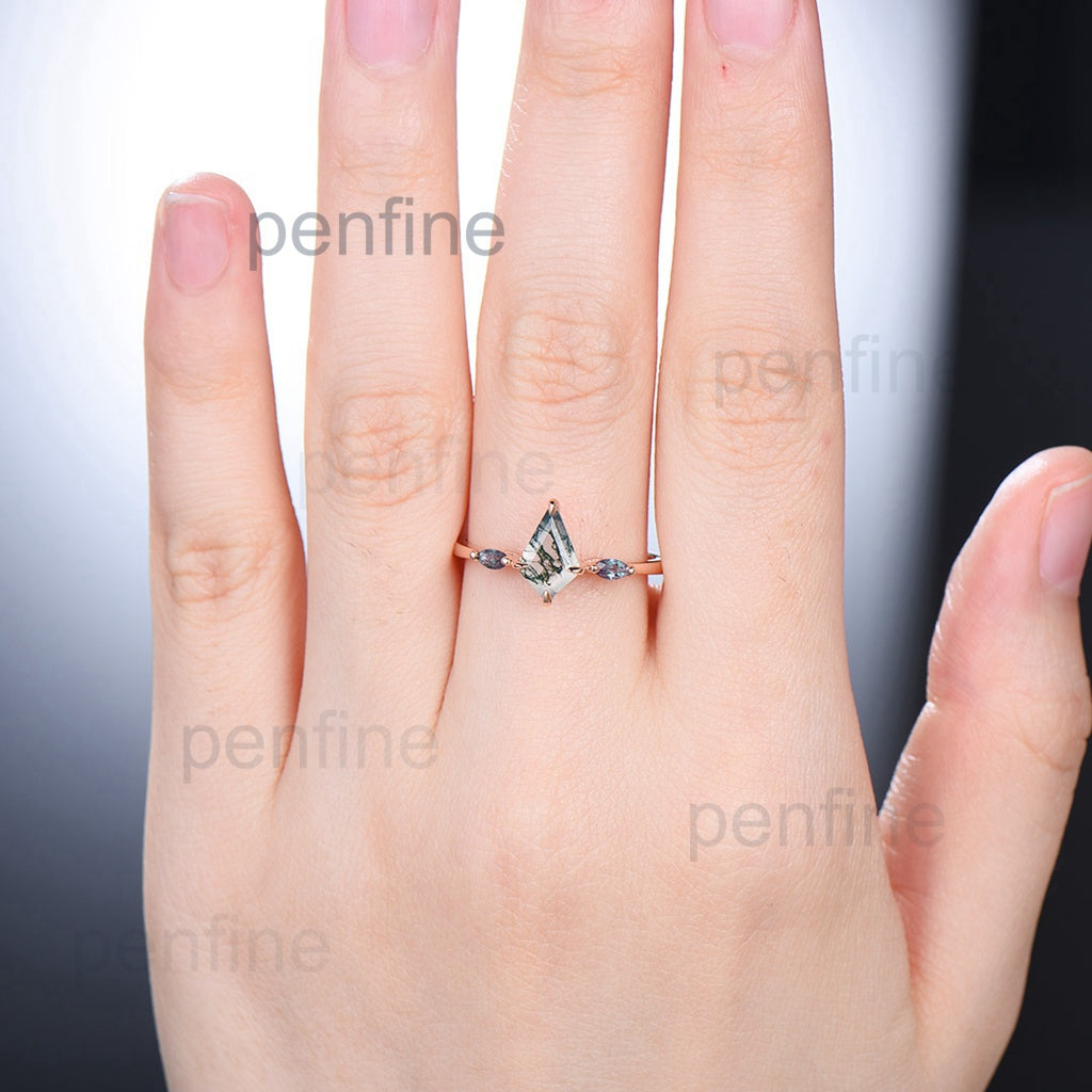 Vintage kite cut green moss agate engagement ring 14k rose gold marquise cut alexandrite ring for women unique bridal wedding ring for her - PENFINE