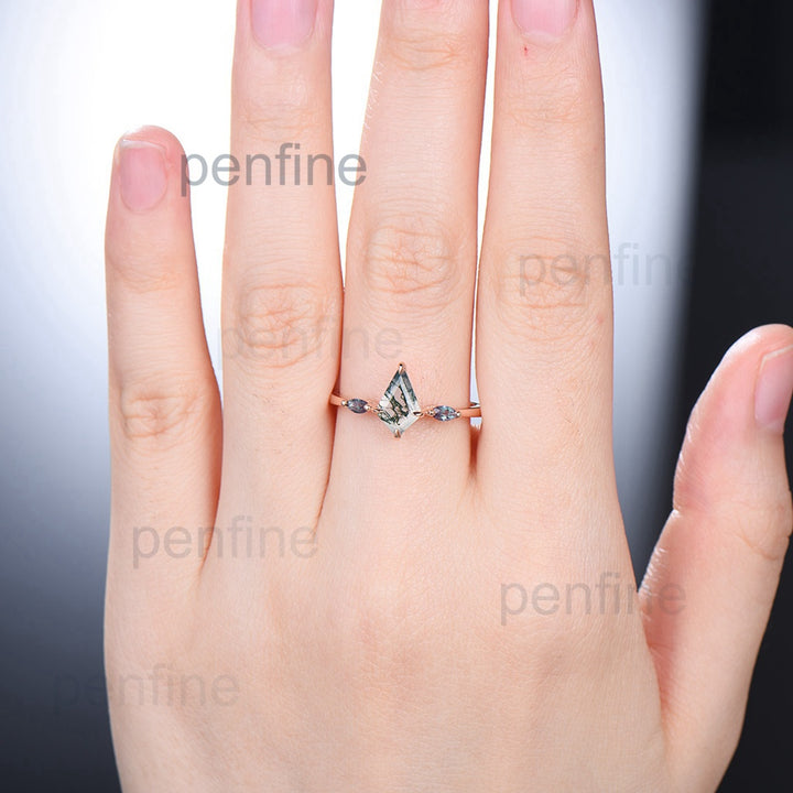Vintage kite cut green moss agate engagement ring 14k rose gold marquise cut alexandrite ring for women unique bridal wedding ring for her - PENFINE