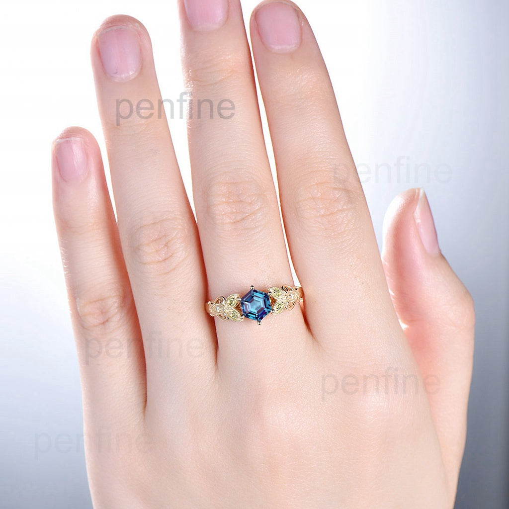 Vintage Peridot Alexandrite gold ring for women unique six prongs Hexagon Alexandrite engagement ring art deco milgrain bridal ring gifts - PENFINE
