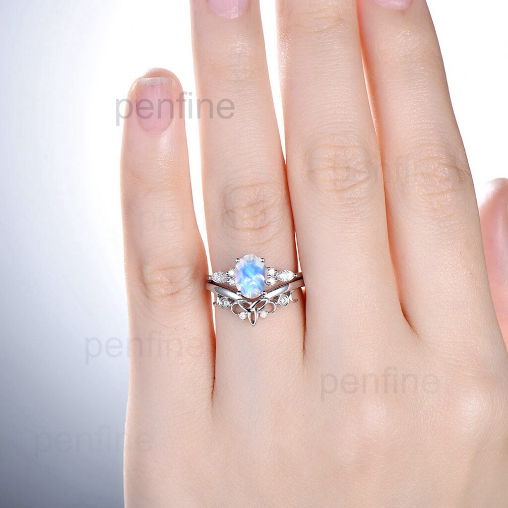 Norse Viking Rainbow Blue Oval Moonstone Wedding Set - PENFINE