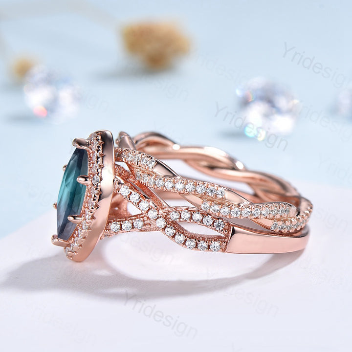 2pcs Marquise cut alexandrite ring set | infinity classic engagement ring set rose gold | Unique twisted wedding bridal anniversary gift - PENFINE