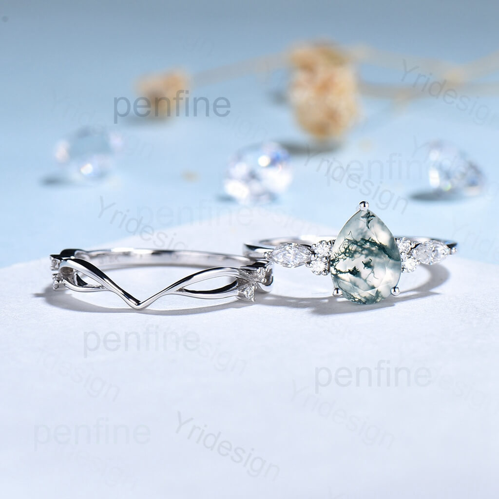 Pear shaped nedia moss agate engagement ring set white gold - PENFINE