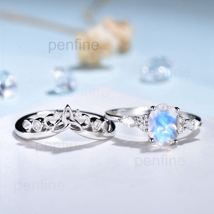 Norse Viking Rainbow Blue Oval Moonstone Wedding Set - PENFINE