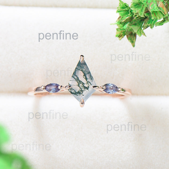 Vintage kite cut green moss agate engagement ring 14k rose gold marquise cut alexandrite ring for women unique bridal wedding ring for her - PENFINE