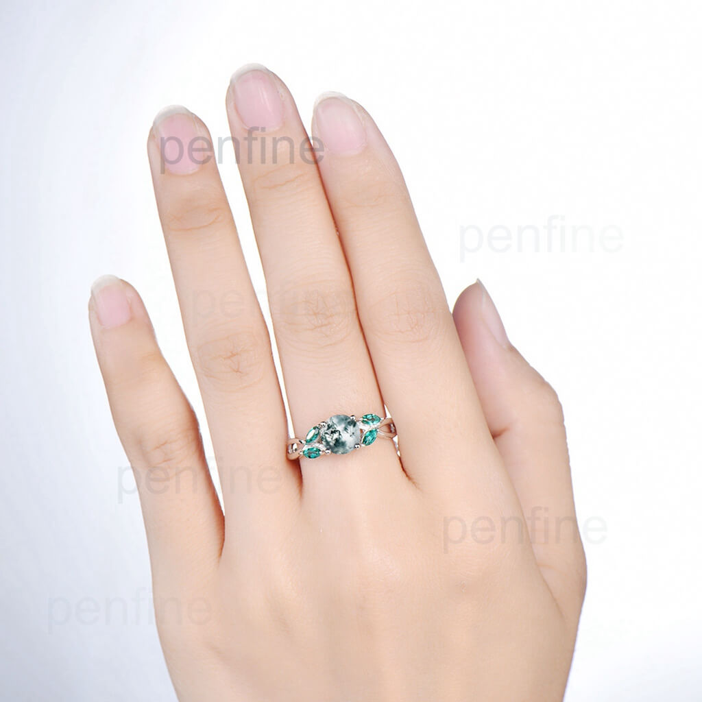 Round shaped moss agate engagement ring art deco emerald ring - PENFINE