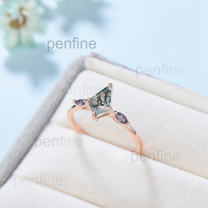 Vintage kite cut green moss agate engagement ring 14k rose gold marquise cut alexandrite ring for women unique bridal wedding ring for her - PENFINE