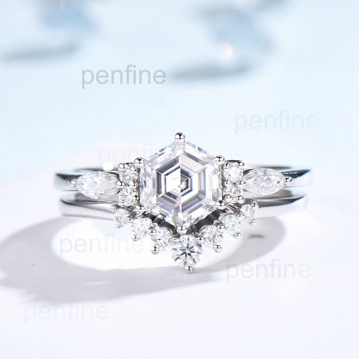 Vintage Hexagon Moissanite Wedding Set Crown Moissanite Band - PENFINE