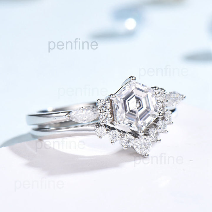 Vintage Hexagon Moissanite Wedding Set Crown Moissanite Band - PENFINE