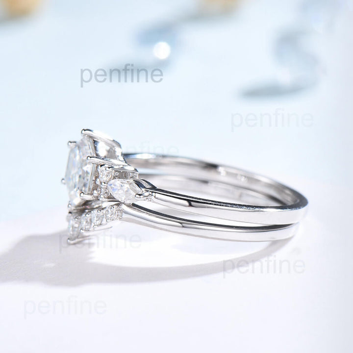 Vintage Hexagon Moissanite Wedding Set Crown Moissanite Band - PENFINE