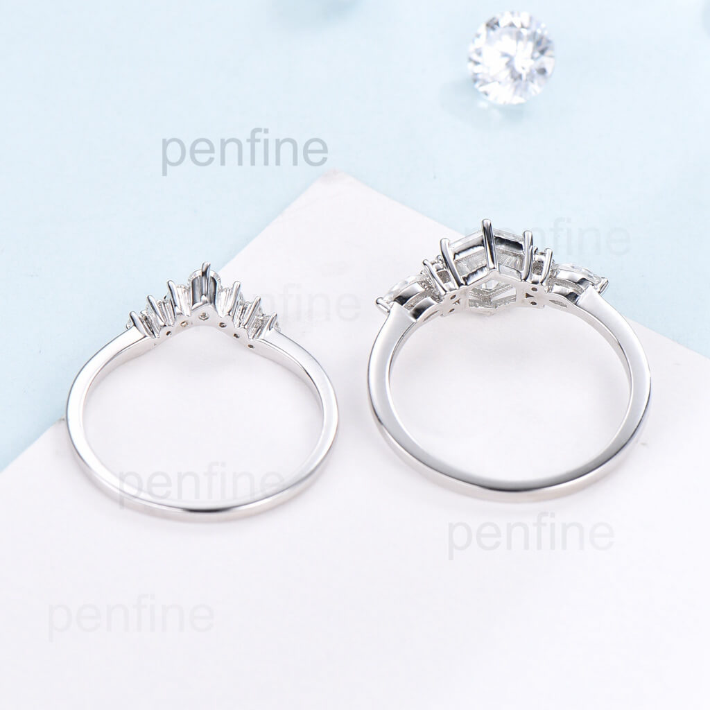 Vintage Hexagon Moissanite Wedding Set Crown Moissanite Band - PENFINE