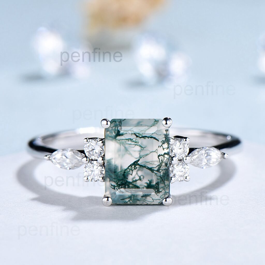 Emerald Cut Moss Agate Engagement Ring Vintage Cluster Moissanite - PENFINE