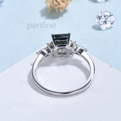 Emerald Cut Moss Agate Engagement Ring Vintage Cluster Moissanite - PENFINE