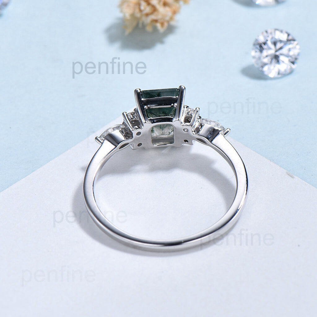 Emerald Cut Moss Agate Engagement Ring Vintage Cluster Moissanite - PENFINE