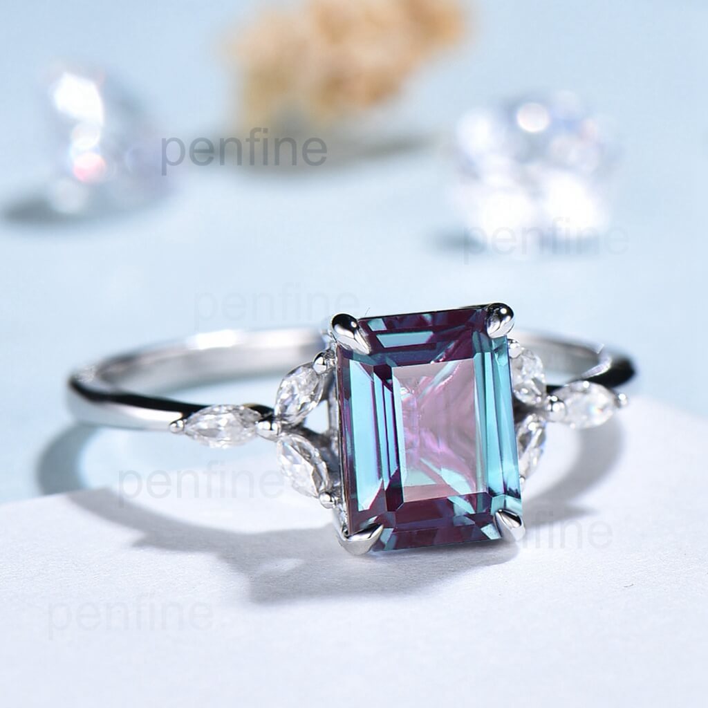 Emerald Cut Alexandrite Diamond Art Deco Engagement Ring Rose Gold - PENFINE