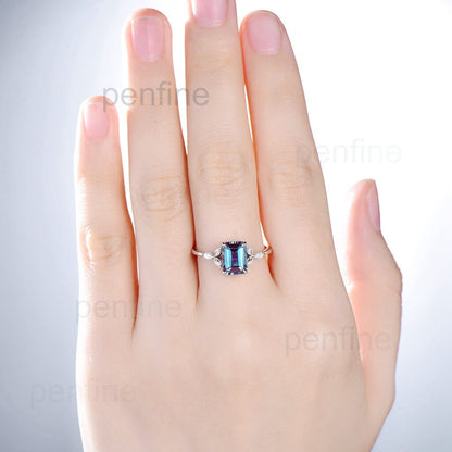 Emerald Cut Alexandrite Diamond Art Deco Engagement Ring Rose Gold - PENFINE